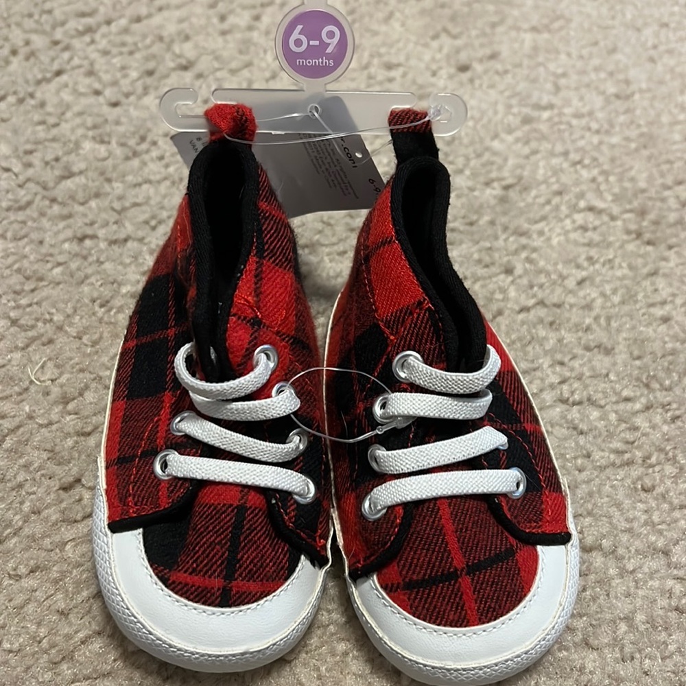 Brand new red plaid baby shoes